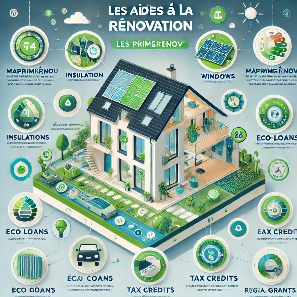 Dall·e 2024 12 13 16.31.37 A Visually Appealing Infographic Style Image Showcasing Various Financial Aids For Home Renovation In France. The Image Includes A Modern House Split